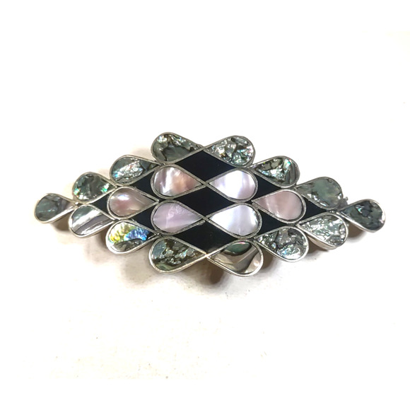 Abalone Shell Hair Barrettes Tension Clip Black Inlay Alpaca Mexico - Picture 1 of 8